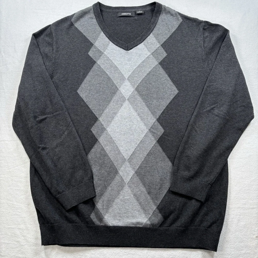 Claiborne‎ Sweater Men L Gray Argyle Pullover Sweater Dad Golf Casual Academia